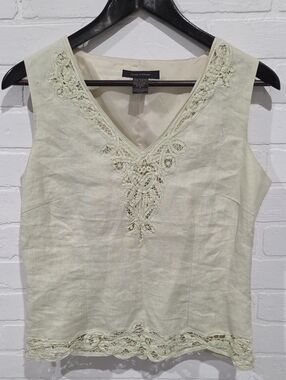 Anne Carson Linen Sleeveless Lace Trim Blouse